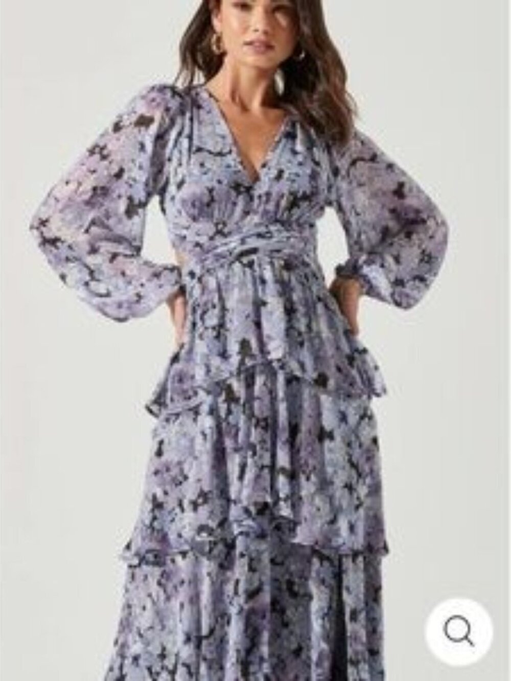 ASTR Anora Maxi Dress V Neck Pleated Floral Tiered Long Sleeve Purple Medium